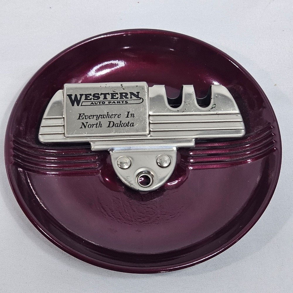 Western Auto Parts Ashtray Maroon & Silver Metal Circular 4.5" Diameter North Da